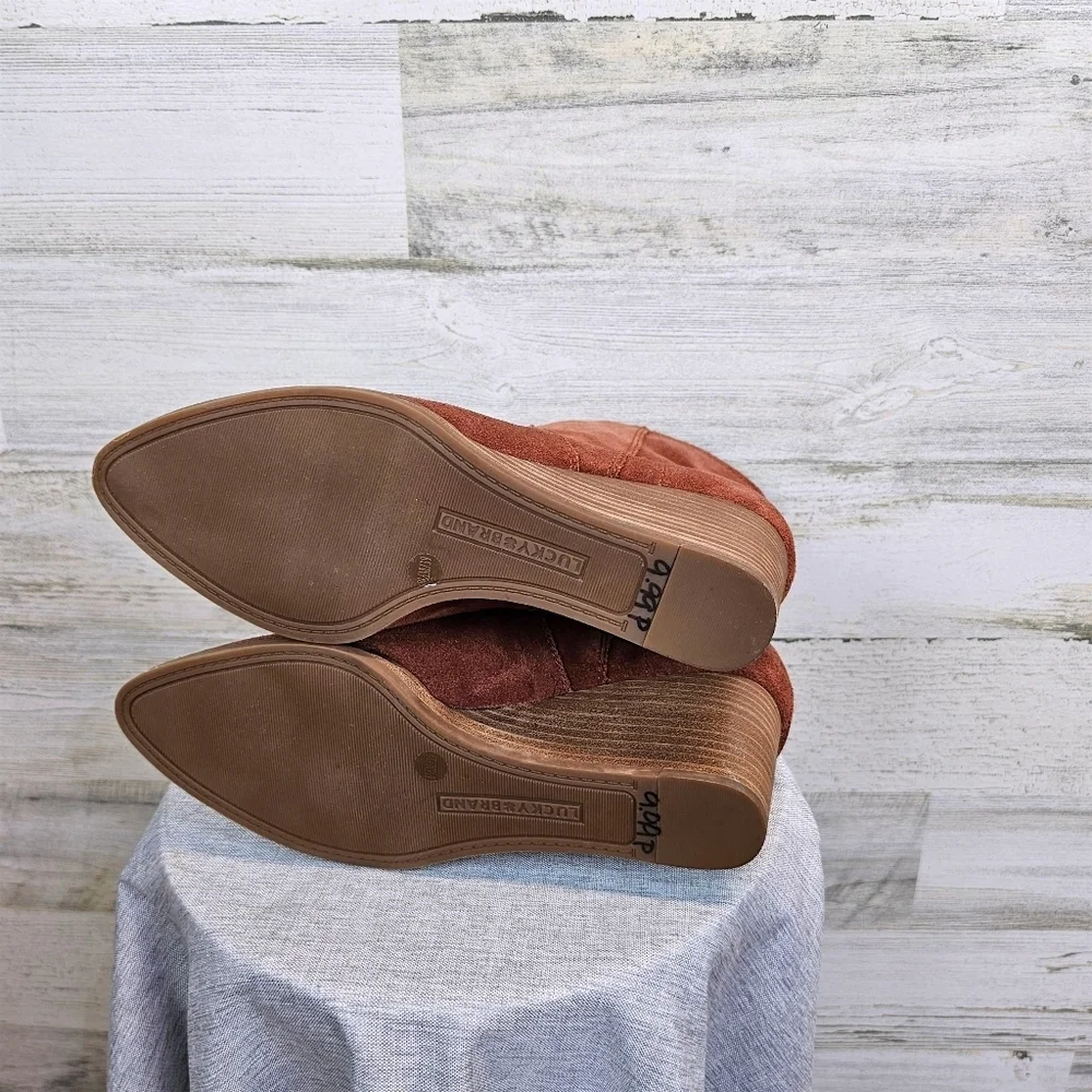 Lucky Brand Wafael Suede Wedge Ankle Boots 8.5 Brown Boho Western Chic Booties